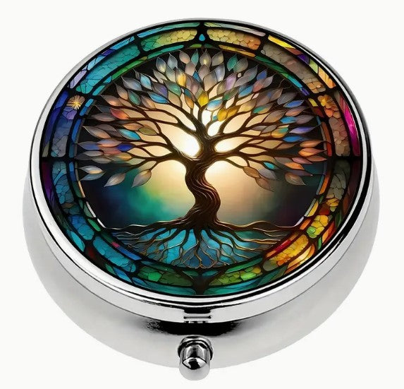 Round Metal Stitch Marker Holder, 3 Sections, Colorful Tree of Life