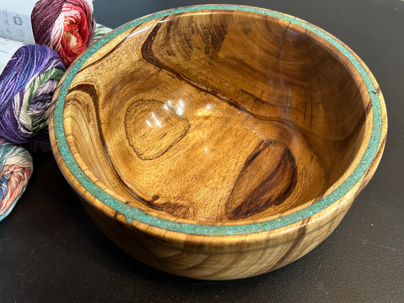 Signed Mimosa and Turquoise Large Hand Turned Wood Yarn Bowl by Morse Craig