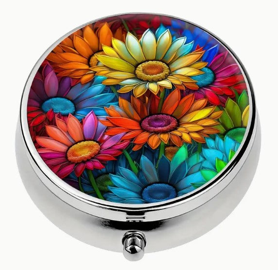 Round Metal Stitch Marker Holder, 3 Sections, Brilliant Color Flowers