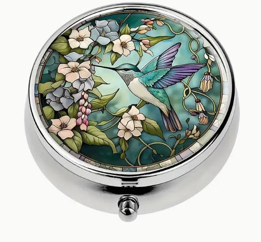 Round Metal Stitch Marker Holder, 3 Sections, Petunias and Hummingbird
