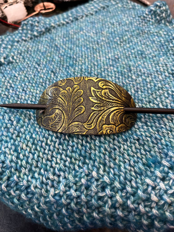 Embossed Leather Shawl Pin in Antiqued Gold