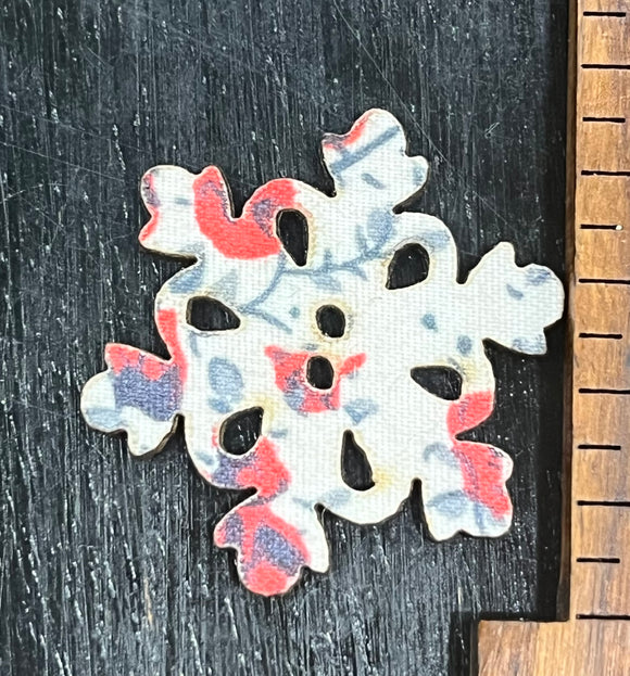 1 Inch Snowflake button, covered with Red and Grey Floral fabric, 2 hole design