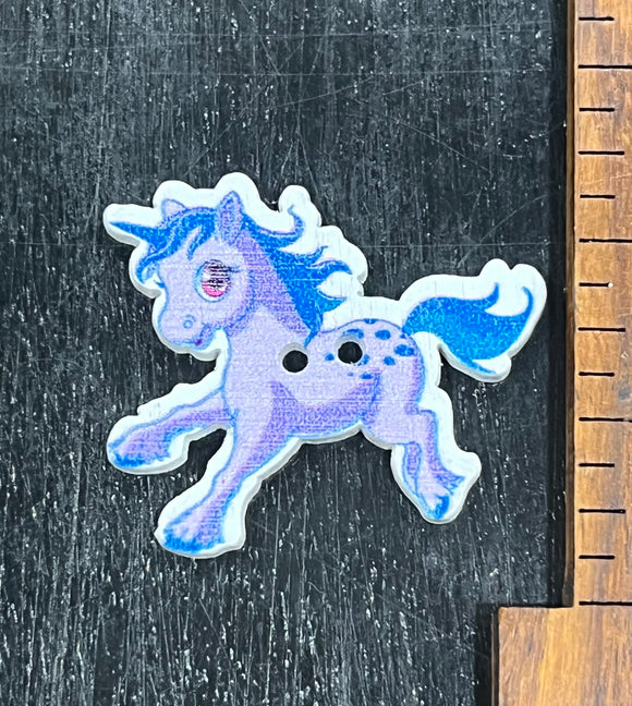 1 3/8 inch Blue and Purple Unicorn wood button, 2 hole design