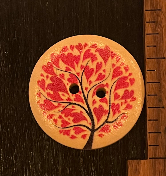 1 1/4 Inch Wood Button with Red Hearts Tree, 2 hole design