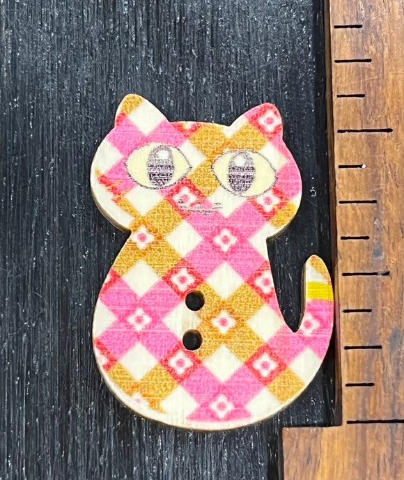 1 1/4 inch Vintage Kitty, Pink and Brown Plaid Design, Wood Button