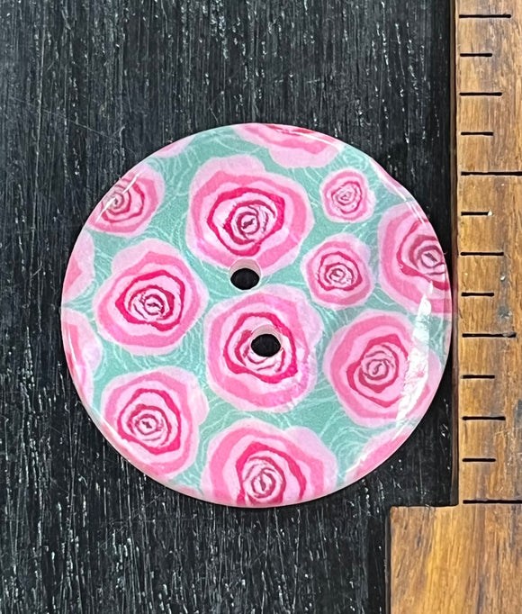 1 1/4 Inch Abalone Shell Button with Pink Cabbage Roses, 2 hole design