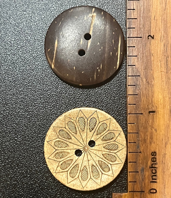 1 Inch Two Hole Round Button, with Flower design. Made Of Coconut Shell