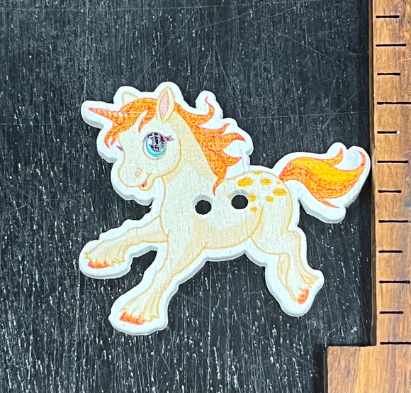 1 3/8 inch Orange and Yellow Unicorn wood button, 2 hole design