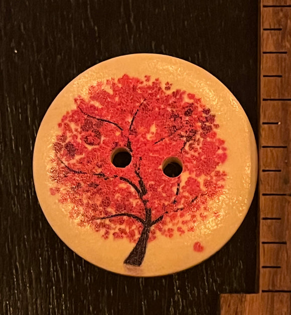 1 1/4 Inch Wood Button with Red Leafed Tree, 2 hole design