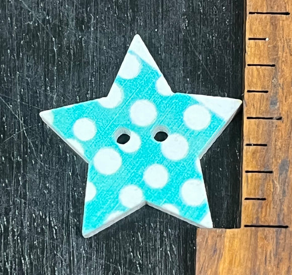 1 Inch Star button with Blue and White Polka Dots, 2 hole design