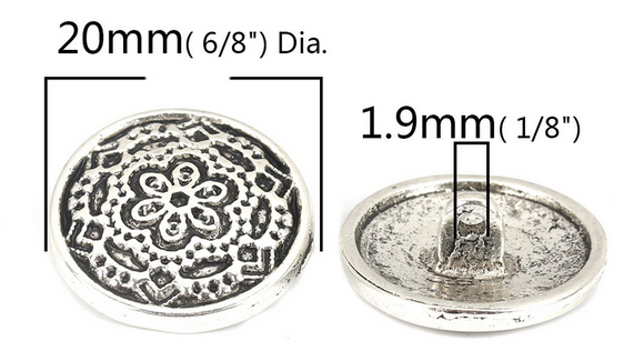 Zinc Based Alloy Sewing Shank Buttons Round Antique Silver Color Flower Carved 20mm Dia.