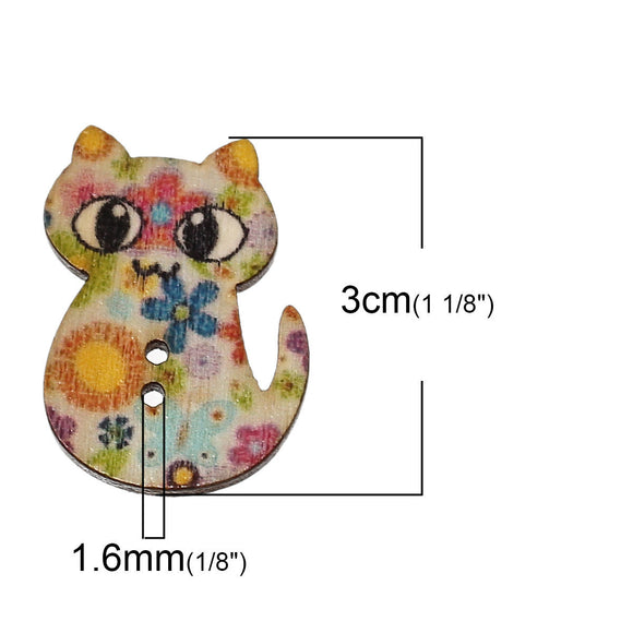 Natural Wood Sewing Buttons Scrapbooking Cat Bright Floral 2 Holes 30mm(1 1/8