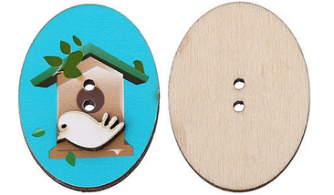 32mm Button Pattern Natural Wood Sewing Button Scrapbooking Oval Blue Birdcage Pattern 2 H ...