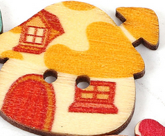 Natural Wood Sewing Buttons Scrapbooking 2 Holes House Yellow Mushroom Pattern 25mm(1") x 23mm( 7/8")