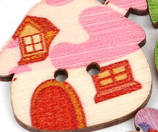 Natural Wood Sewing Buttons Scrapbooking 2 Holes House Pink Mushroom Pattern 25mm(1") x 23mm( 7/8")