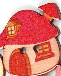 Natural Wood Sewing Buttons Scrapbooking 2 Holes House Red Mushroom Pattern 25mm(1") x 23mm( 7/8")