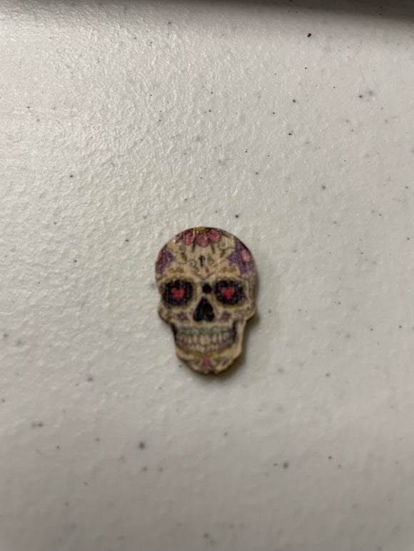 1 inch wooden button, two hole, day of the dead Purple sugar skull.