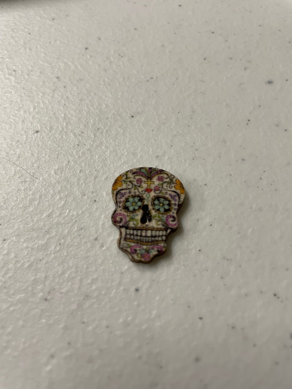 1 inch wooden button, two hole, day of the dead Tulip sugar skull.