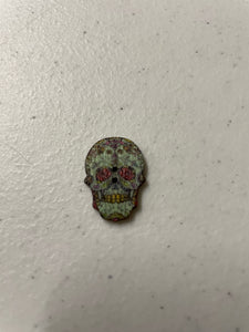 1 inch wooden button, two hole, day of the dead Green sugar skull.