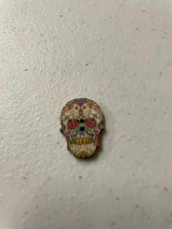 1 inch wooden button, two hole, day of the dead Rose sugar skull.