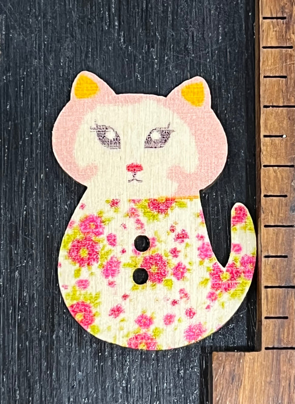 1 1/4 inch Vintage Kitty, Pink and Green Flowers on Cream background, Wood Button