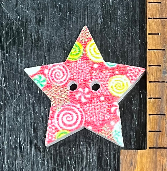 1 Inch Star button Red with multi-colored designs, 2 hole design