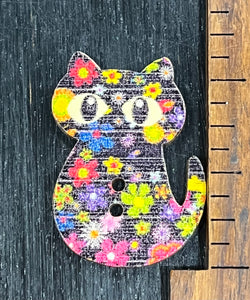 1 1/4 inch Vintage Kitty, Small Flowers on a Black background, Wood Button