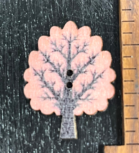 1 1/4 Inch Tall Pink Tree, Wood Button with 2 holes