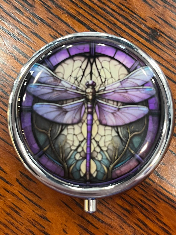 Round Metal Stitch Marker Holder, 3 Sections, Purple stained glass Dragonfly