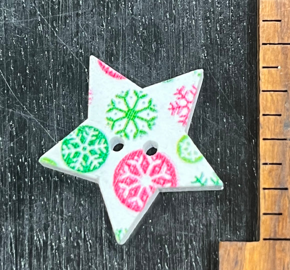 1 Inch Star button Green and Red Snowflakes, 2 hole design