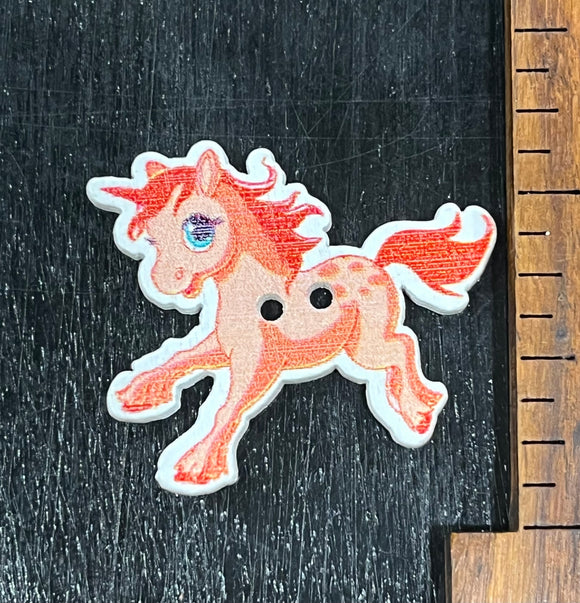 1 3/8 inch Red Unicorn wood button, 2 hole design