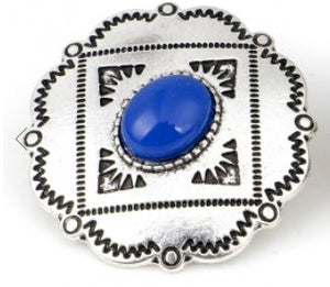 Botones de vástago de costura de metal bohemio chic bohemio con un solo orificio, patrón tallado de flores de color plateado antiguo con cabujones de resina, centro de piedra azul cobolt de 3 cm x 2,9 cm