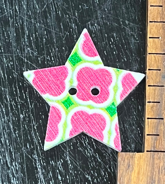 1 Inch Star button with Pink and Green pattern, 2 hole design