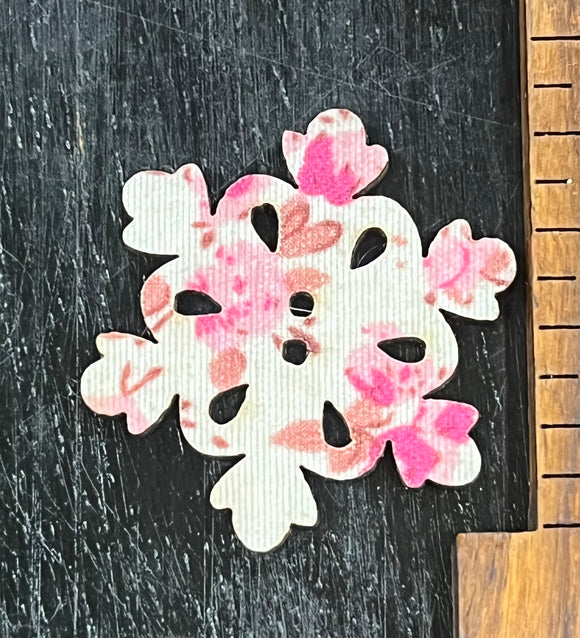 1 Inch Snowflake button, covered with Pink and Brown Floral fabric, 2 hole design