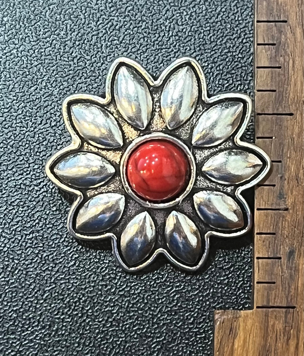1 1/4 Inch Sewing Shank Buttons Sunflower Silver Tone with Red Stone c ...