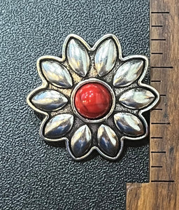 1 1/4 Inch Sewing Shank Buttons  Sunflower Silver Tone with Red Stone center