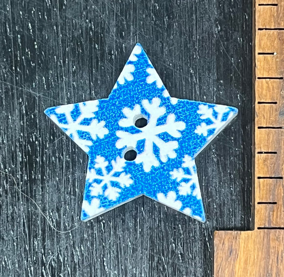 1 Inch Star button, Blue and White Snowflake pattern, 2 hole design