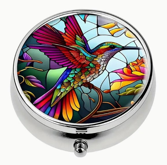 Round Metal Stitch Marker Holder, 3 Sections, Colorful Hummingbird