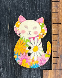 1 1/4 inch Vintage Kitty, Multi Colored Flowers, Wood Button
