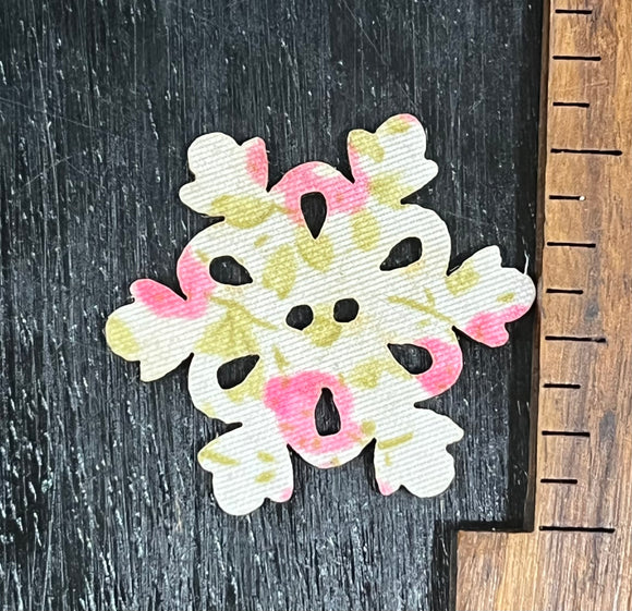 1 Inch Snowflake button, covered with Pink with Green Floral fabric, 2 hole design