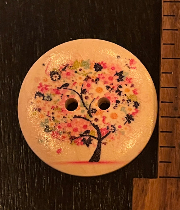 1 1/4 Inch Wood Button with Flowering Tree, 2 hole design
