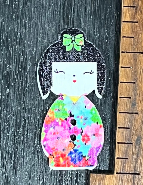 1 1/4 inch Geisha Doll, Bright Flowers on robe, 2 hole Wood Button