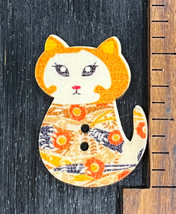 1 1/4 inch Vintage Kitty, Orange and Blue Flower Design, Wood Button