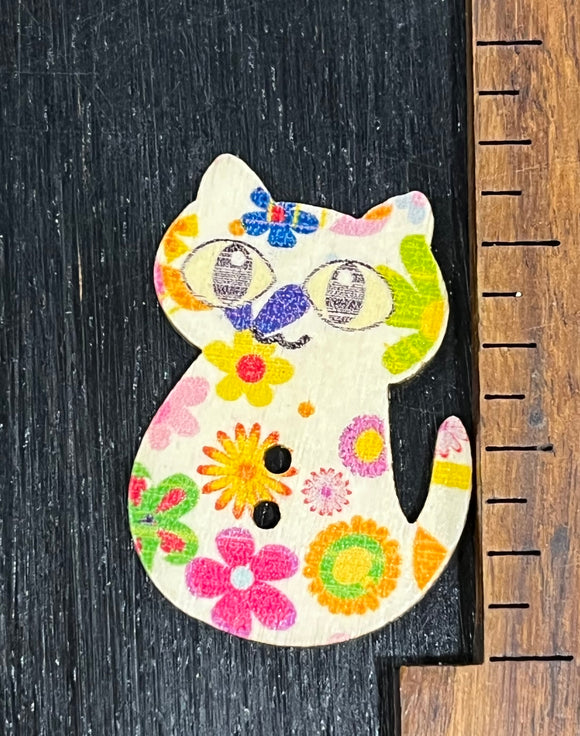 1 1/4 inch Vintage Kitty, Multi Colored Flowers on a white background, Wood Button