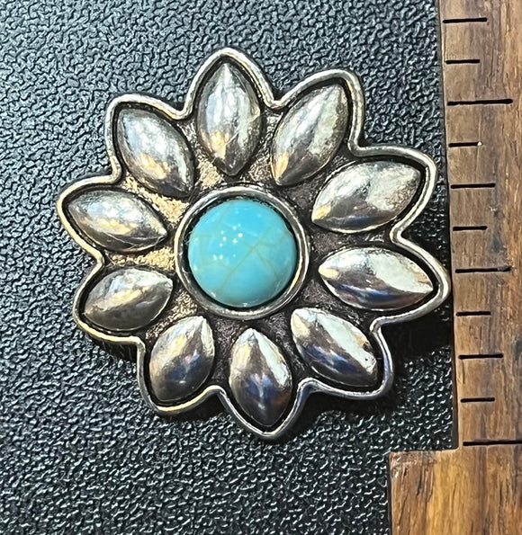 1 1/4 Inch Sewing Shank Buttons Sunflower Silver Tone with Turquoise Stone center