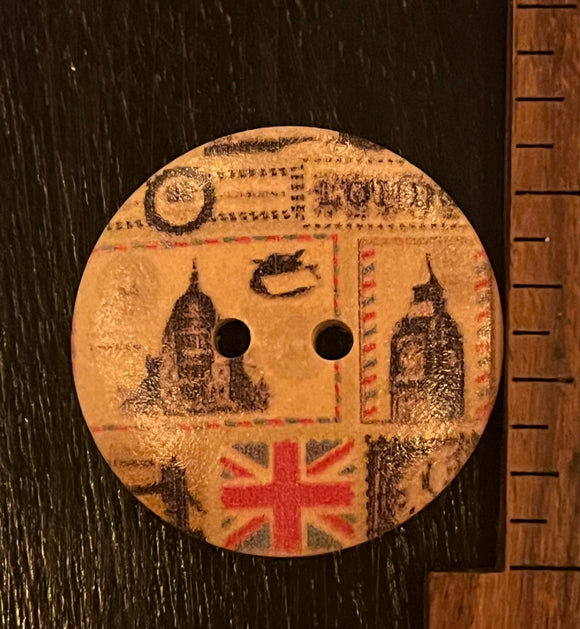 1 1/4 Inch Wood Button with British Landmark Stamps, 2 hole design