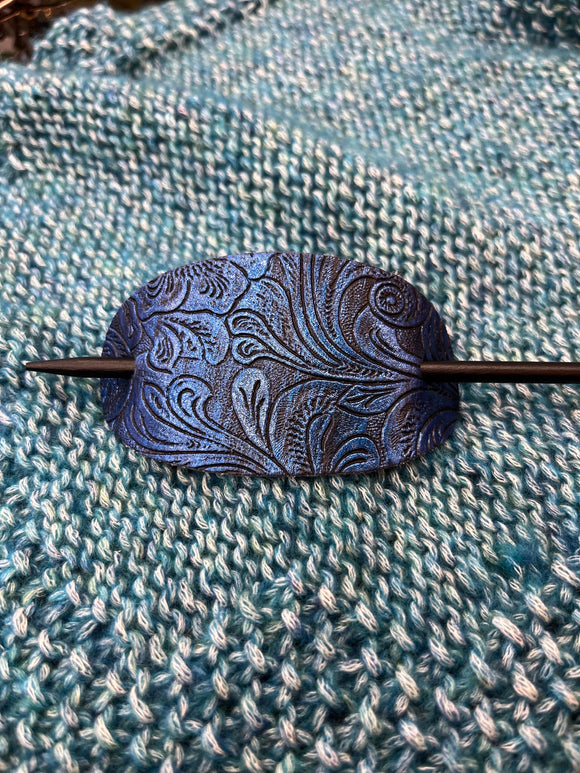 Embossed Leather Shawl Pin in Blue