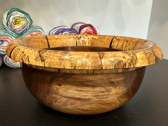 Signed Spalded Maple and Walnut Hand Turned Wood Yarn Bowl by Morse Craig