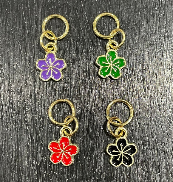 4 piece Small Flowers in Bloom Stitch Markers Closed Ring, Black, Red, Green, Purple