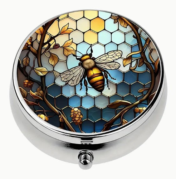 Round Metal Stitch Marker Holder, 3 Sections, Stained Glass Honey Bee
